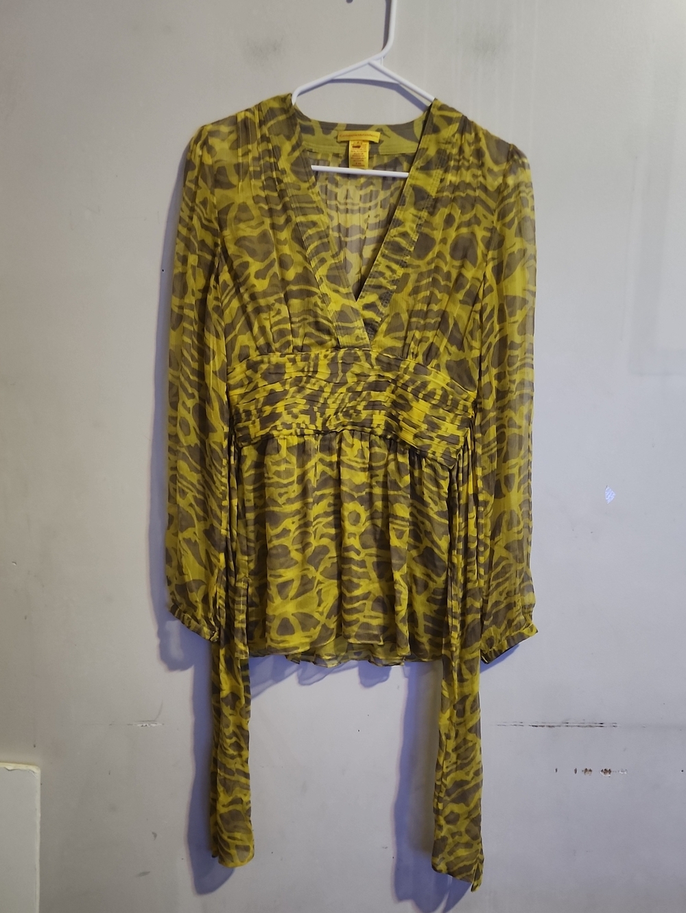 Catherine Malandrino Yellow Sheer Animal-Print V-Neck Blouse